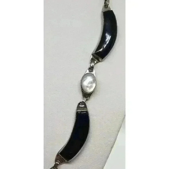 Vintage Necklace Clip Earrings Silver Onyx & Mother Of Pearl Hong Kong 1950s - Picture 6 of 15